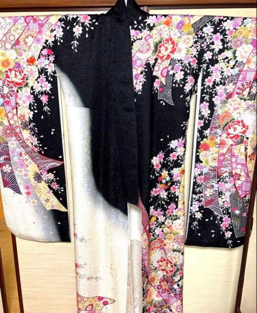 吉祥 華 束ね熨斗 モノトーン 振袖 身丈 160