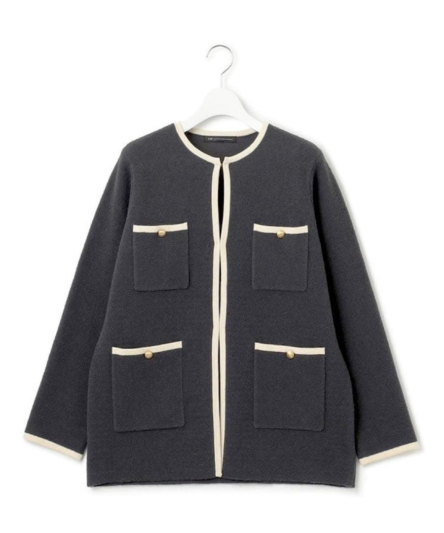 【大きいサイズ】23区　ミニブークレ ニットジャケット　ノーカラー　46