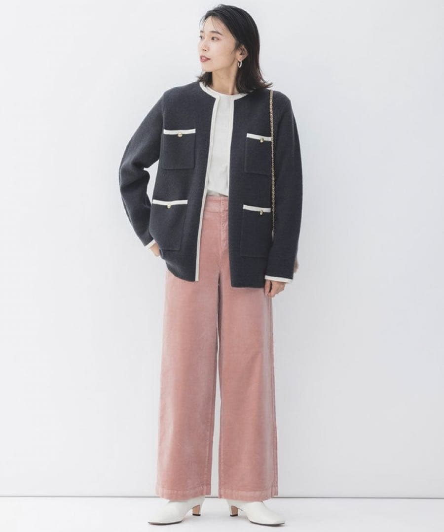 【大きいサイズ】23区　ミニブークレ ニットジャケット　ノーカラー　46