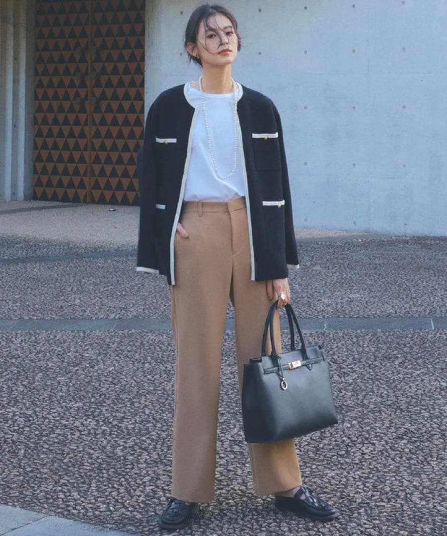 【大きいサイズ】23区　ミニブークレ ニットジャケット　ノーカラー　46