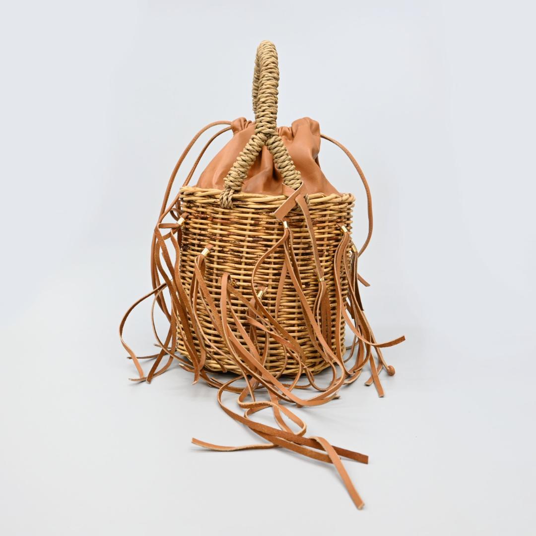 46214★夏 ラドロー カゴバッグ フリンジ 籐 ラタン×レザー バケット