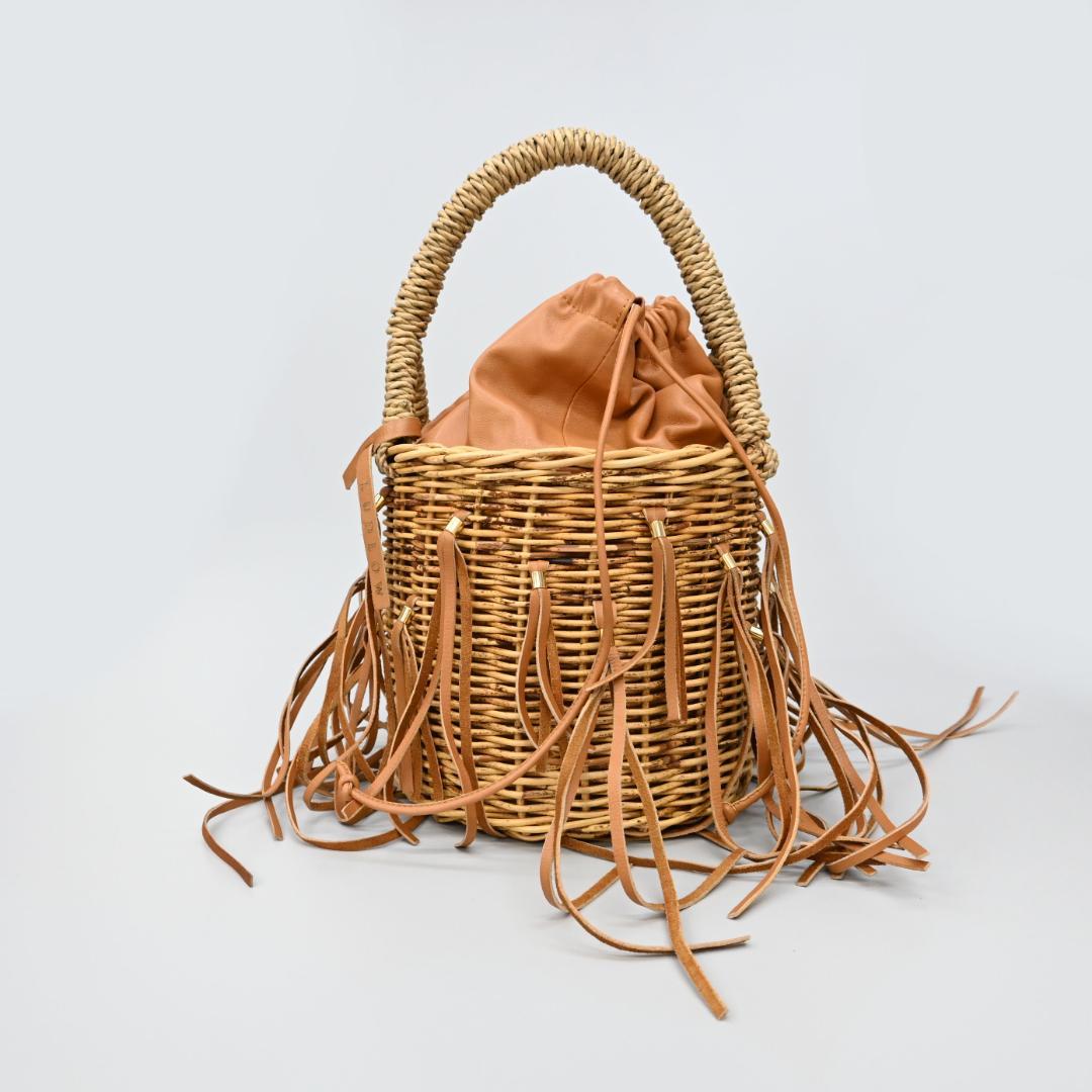 46214★夏 ラドロー カゴバッグ フリンジ 籐 ラタン×レザー バケット