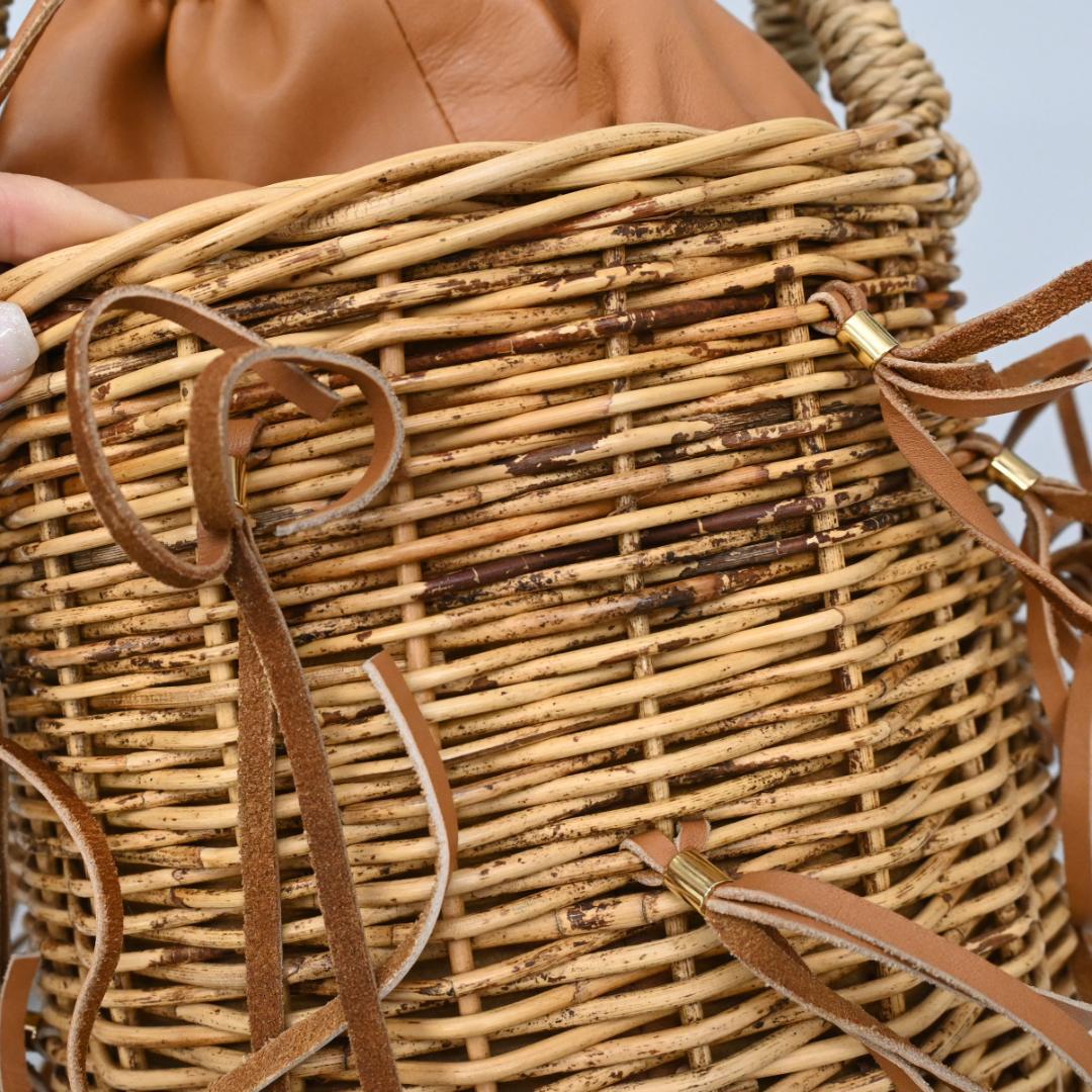 46214★夏 ラドロー カゴバッグ フリンジ 籐 ラタン×レザー バケット