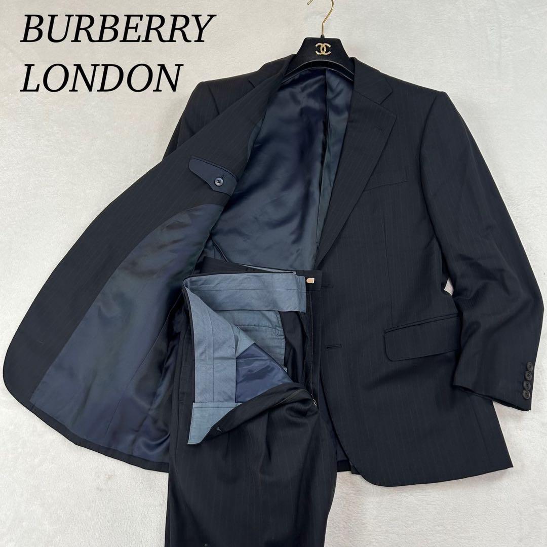 K603 美品 L バーバリーロンドン ストライプ スーツ上下 ブラック メンズ