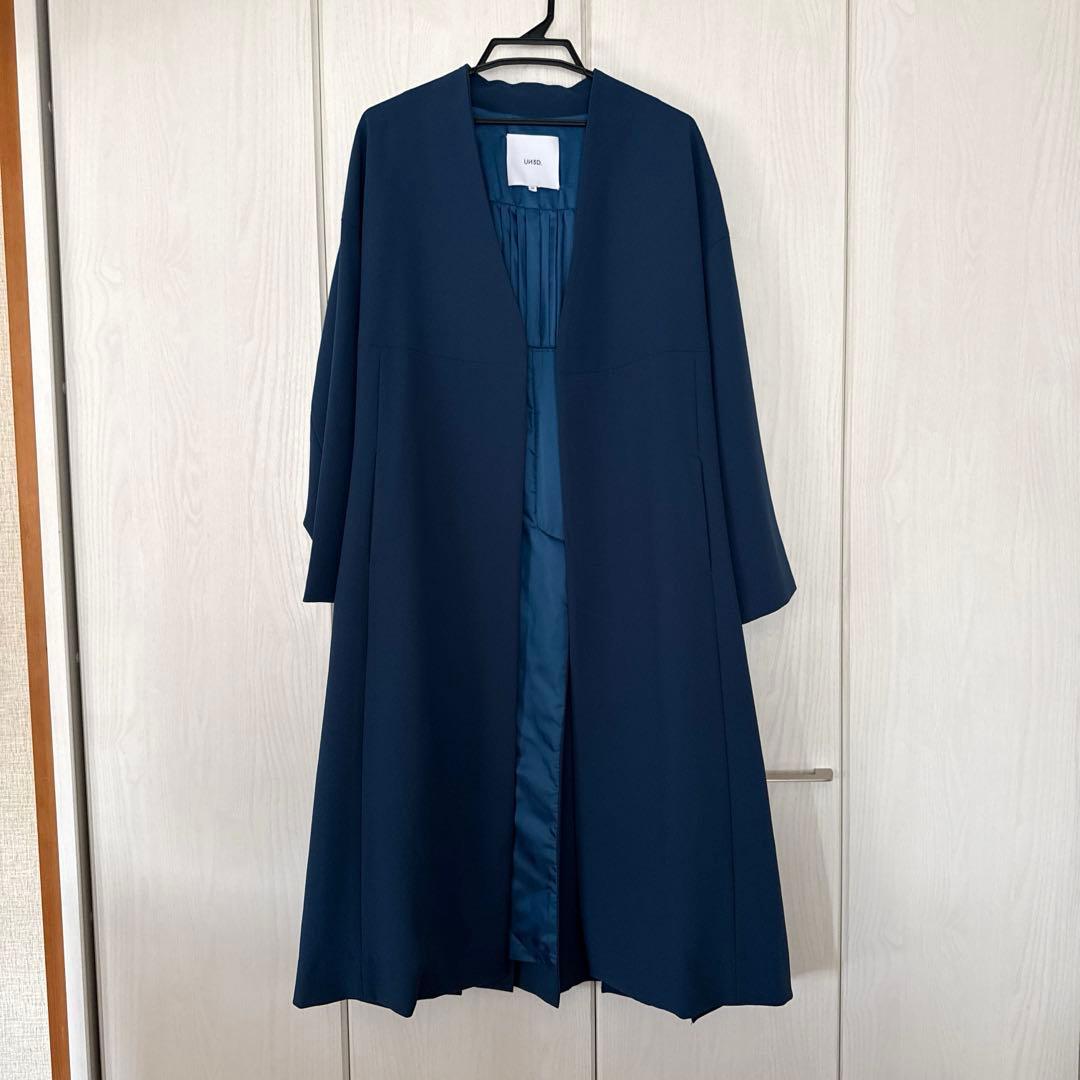 UN3D. アンスリード BACK PLEATS ノーカラーコート ターコイズ