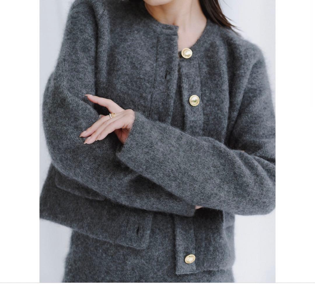 anuans カシミヤブレンドノーカラーニットジャケット