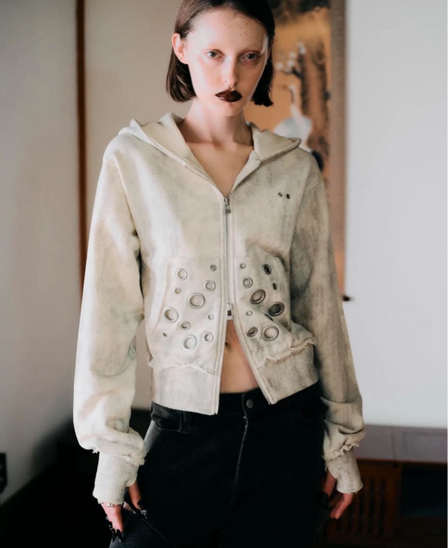 トップス tajent EYELET DESIGN ZIP UP HOODIE-IVORY