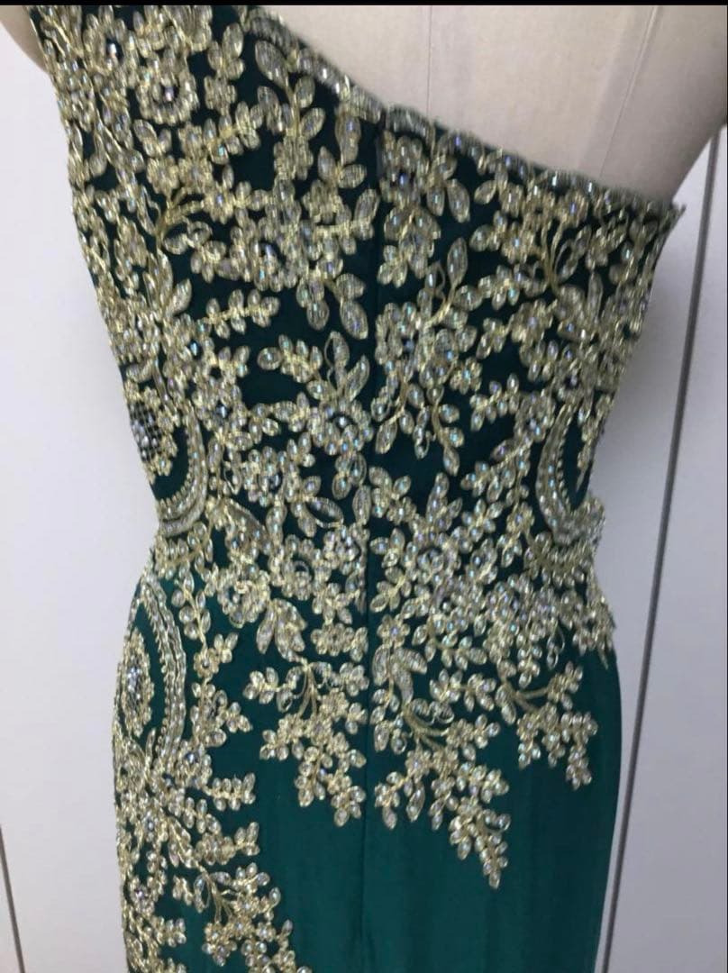 ダークグリーン ワンショルダー パーティードレス