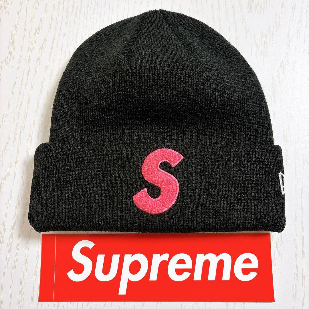 Supreme NEW ERA ニット帽　ビーニー　Sロゴ ブラック　ピンク　黒