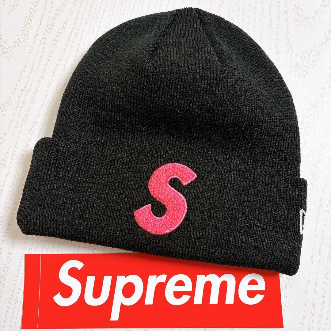 Supreme NEW ERA ニット帽　ビーニー　Sロゴ ブラック　ピンク　黒