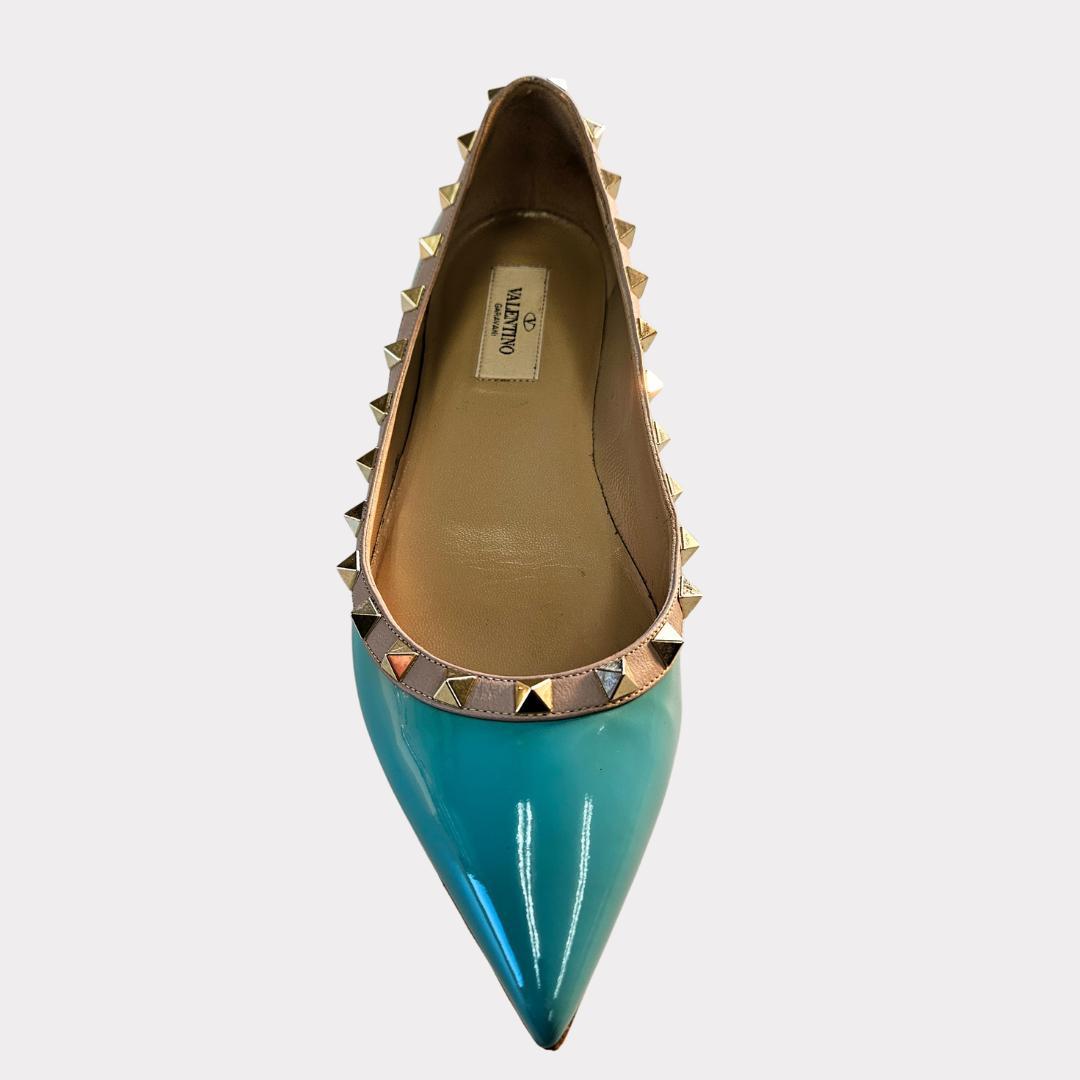 ヴァレンティノ フラット 38 ターコイズ ブルー エナメル パンプス