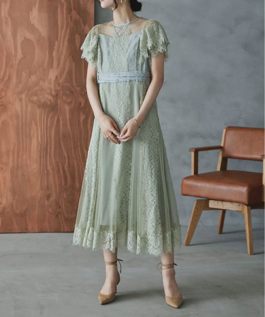 特別価格　ドットチュール×レースドレス　グリーン　穴開きあり