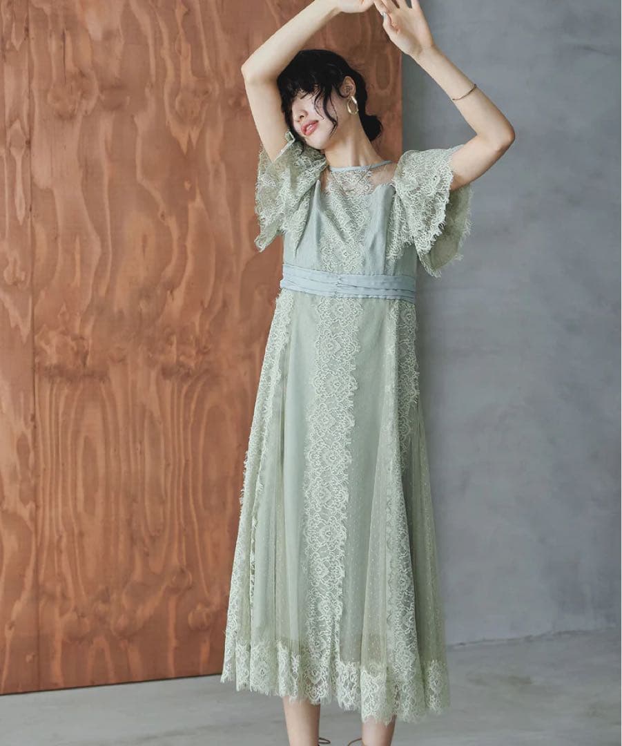 特別価格　ドットチュール×レースドレス　グリーン　穴開きあり