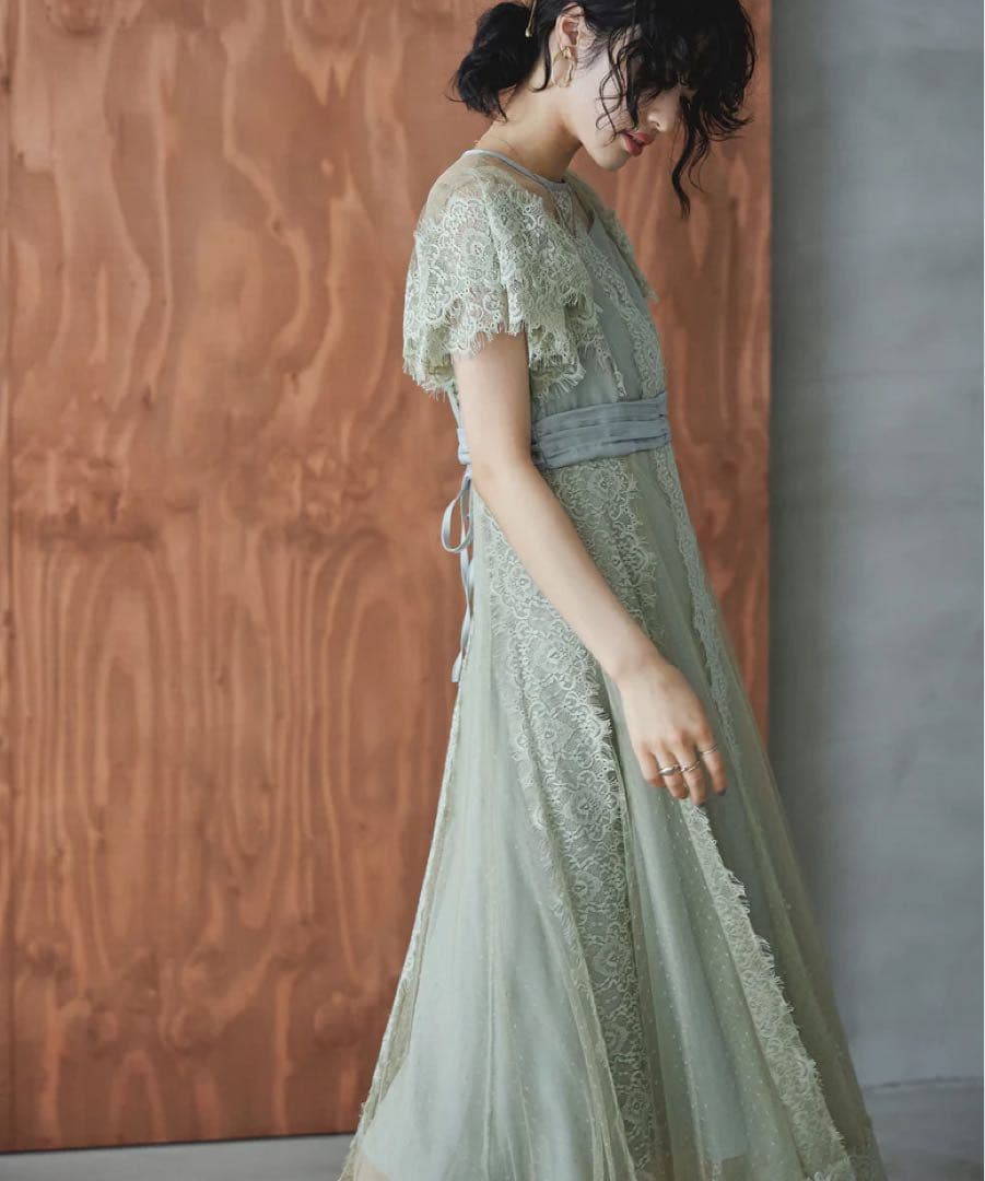 特別価格　ドットチュール×レースドレス　グリーン　穴開きあり