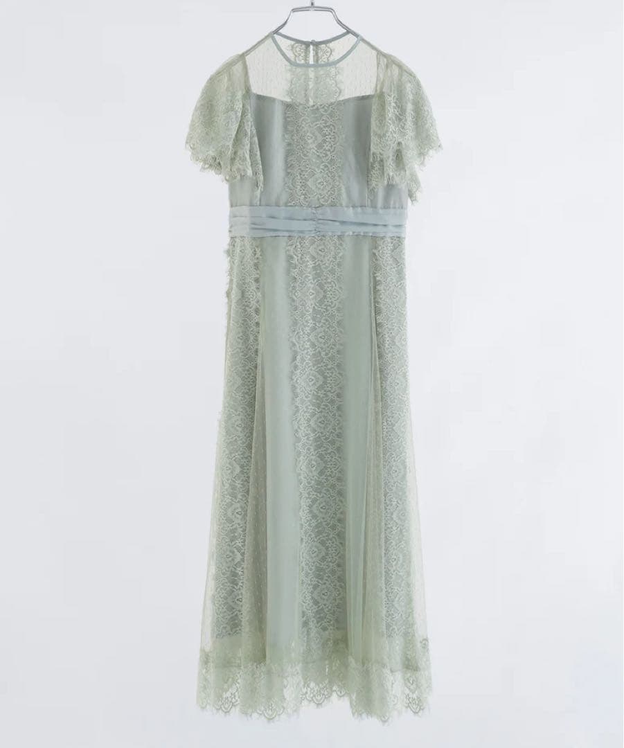 特別価格　ドットチュール×レースドレス　グリーン　穴開きあり