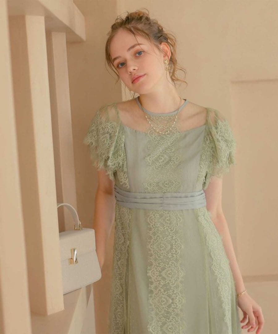 特別価格　ドットチュール×レースドレス　グリーン　穴開きあり
