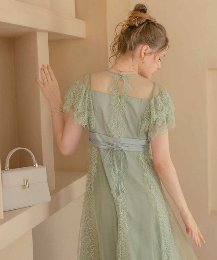 特別価格　ドットチュール×レースドレス　グリーン　穴開きあり