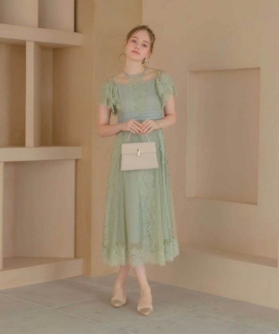 特別価格　ドットチュール×レースドレス　グリーン　穴開きあり