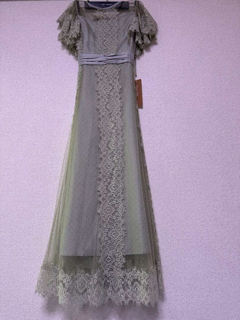 特別価格　ドットチュール×レースドレス　グリーン　穴開きあり