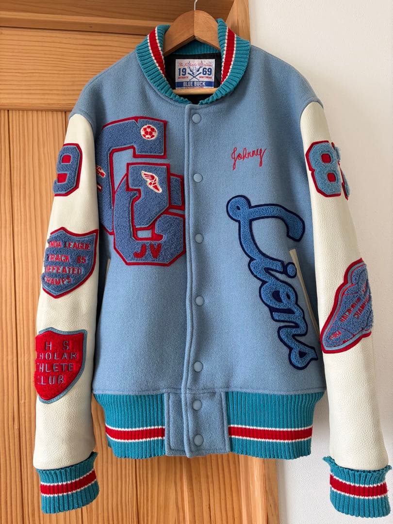 希少 ブルーバック フルデコ スタジャン 本革 ウール 水色 Mサイズ 38