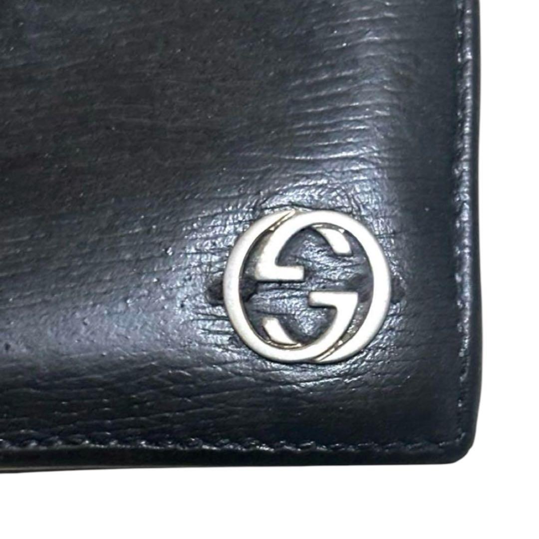 グッチ　折り財布　レザー　ブラック　金属インターロッキング　フラップ