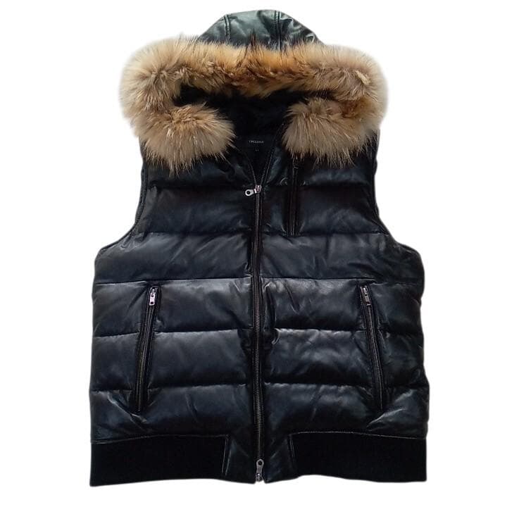 美品 COGGIOLA コッジョラ ラムレザー フーデッド ダウンベスト LL黒