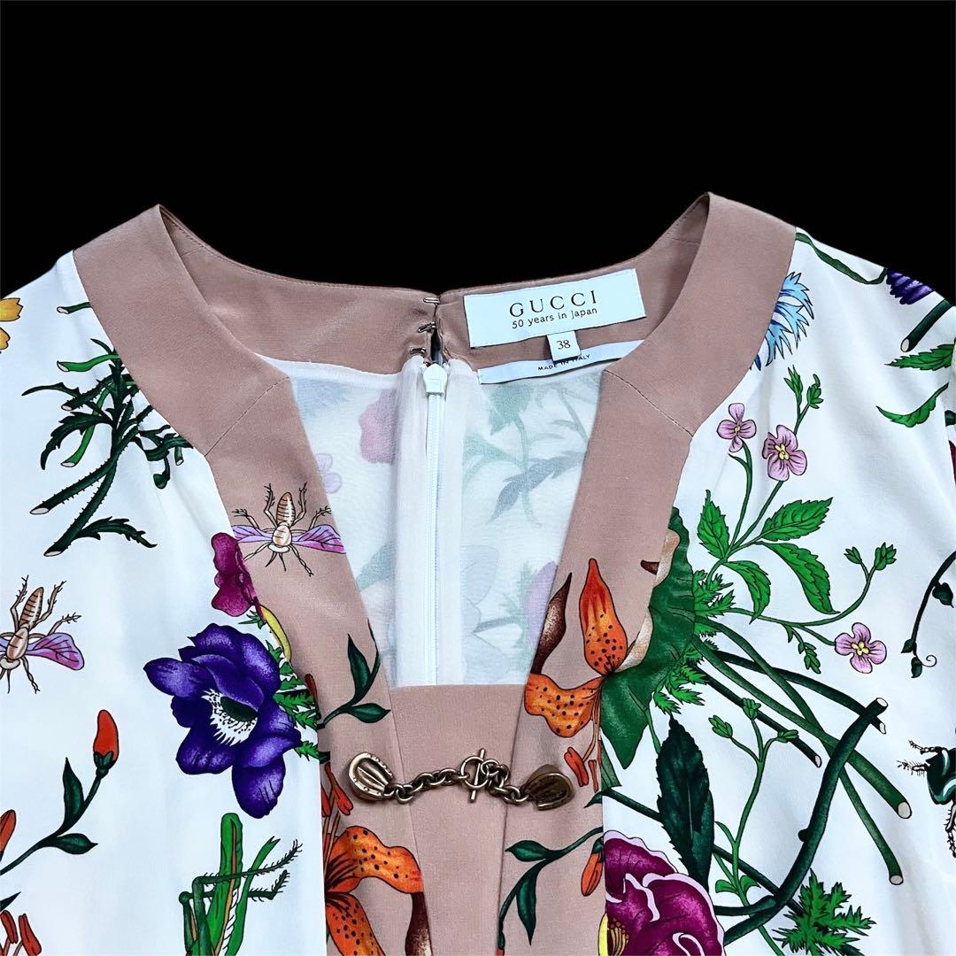グッチGUCCI フローラ 50周年記念 ホースビット花シルクワンピース 38