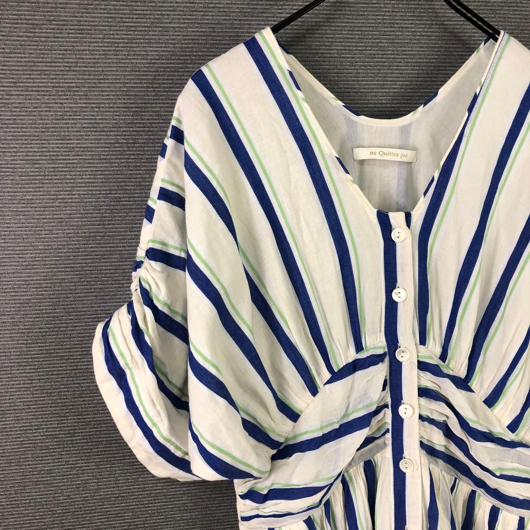 ヌキテパ コットンボイル ストライプ ウエストギャザードレス S ベージュ