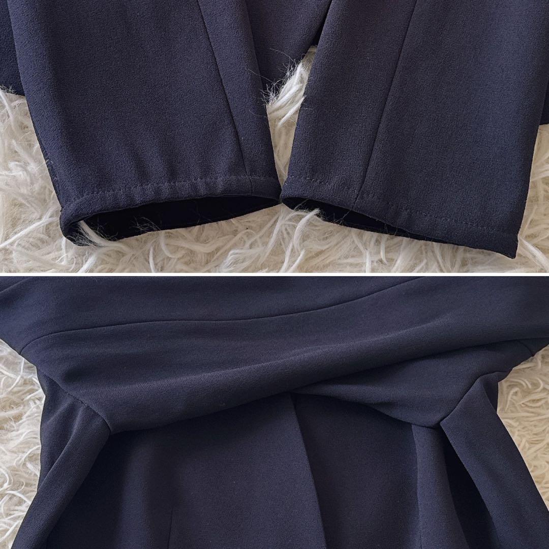 ベイジ CINDY✨ノーカラージャケット セットアップ バイカラー 紺 2