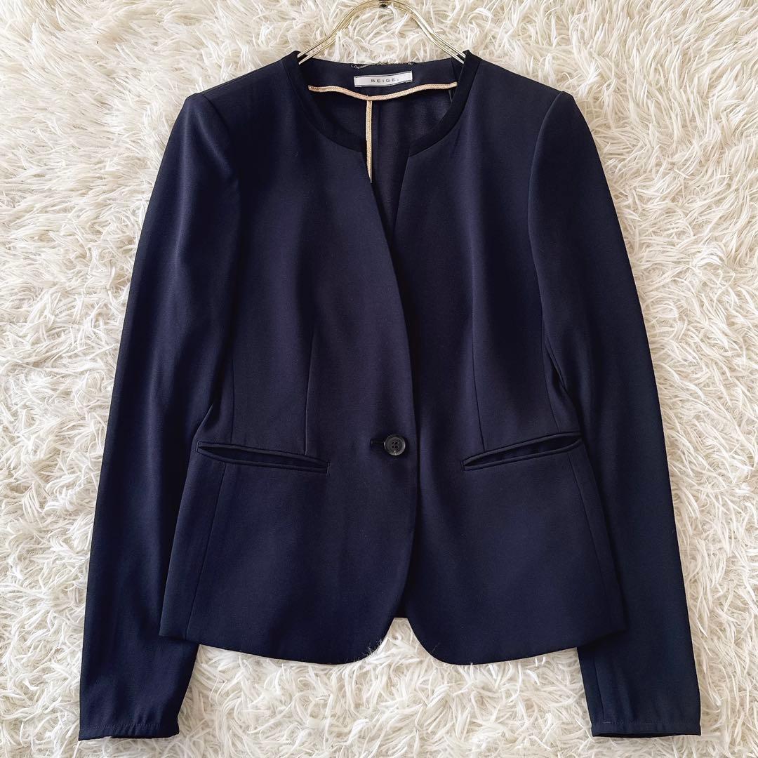 ベイジ CINDY✨ノーカラージャケット セットアップ バイカラー 紺 2