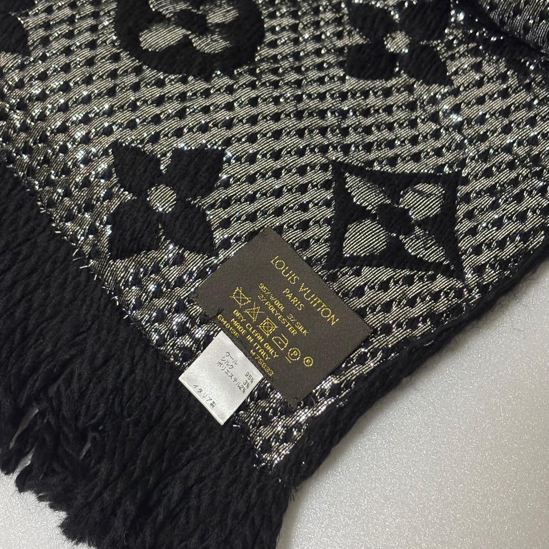 ルイヴィトン モノグラム マフラー ブラック×シルバー フリンジ付き LV