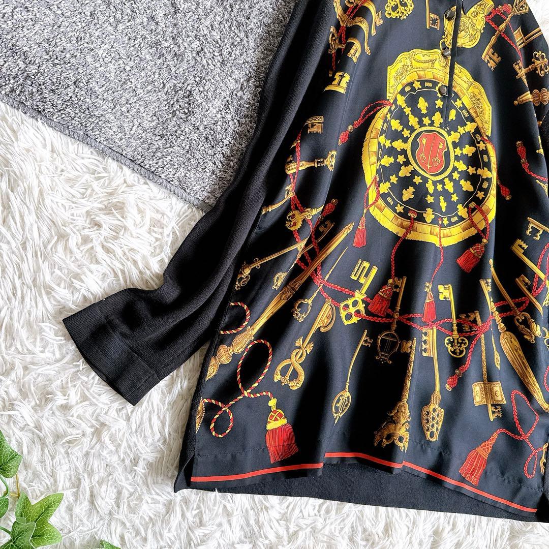 オールド　エルメス　長袖ポロシャツ　カシミヤ　スカーフ柄　バロック　シルク　M