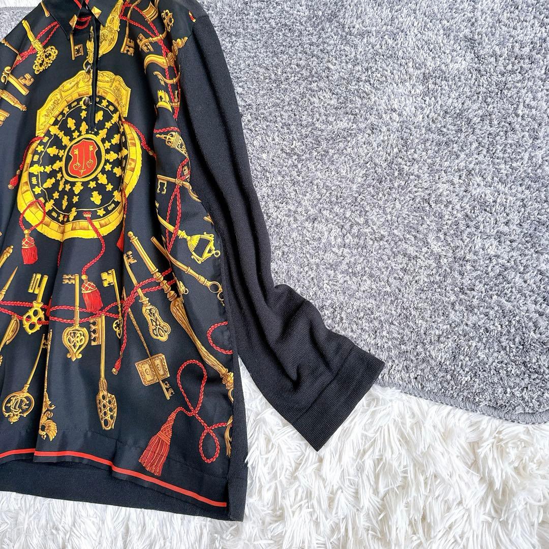 オールド　エルメス　長袖ポロシャツ　カシミヤ　スカーフ柄　バロック　シルク　M