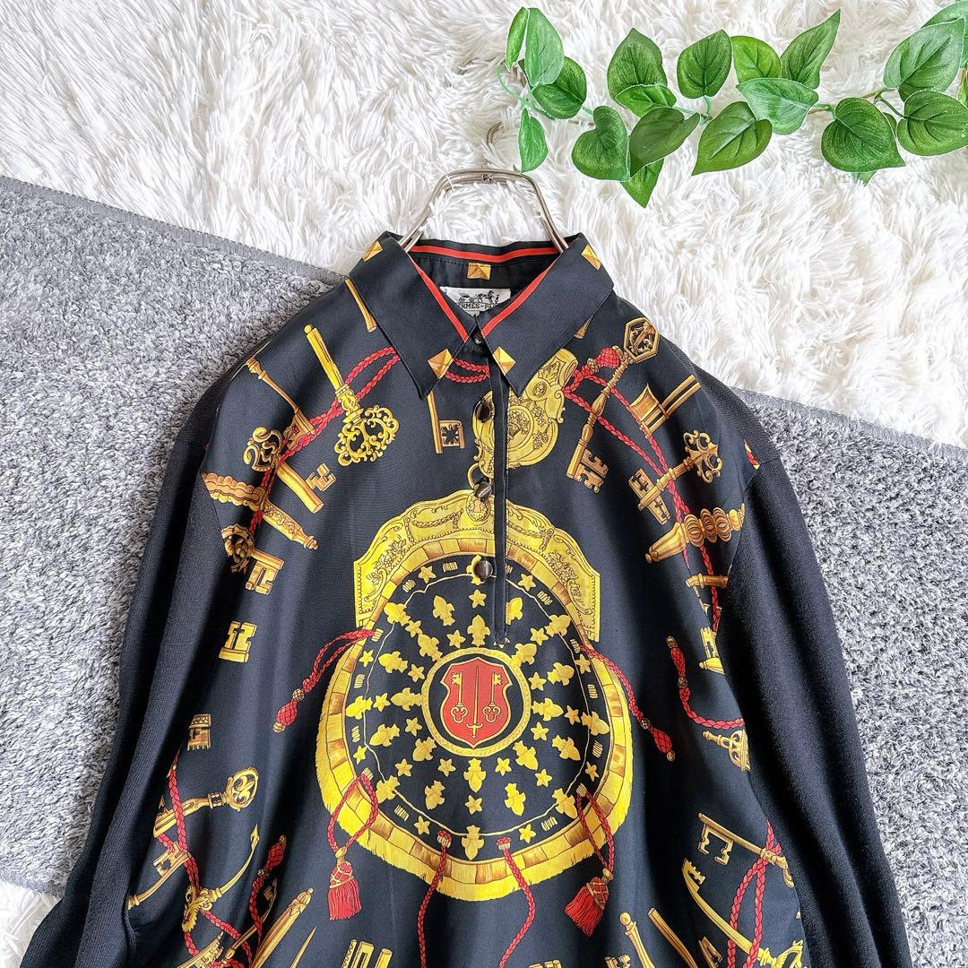オールド　エルメス　長袖ポロシャツ　カシミヤ　スカーフ柄　バロック　シルク　M