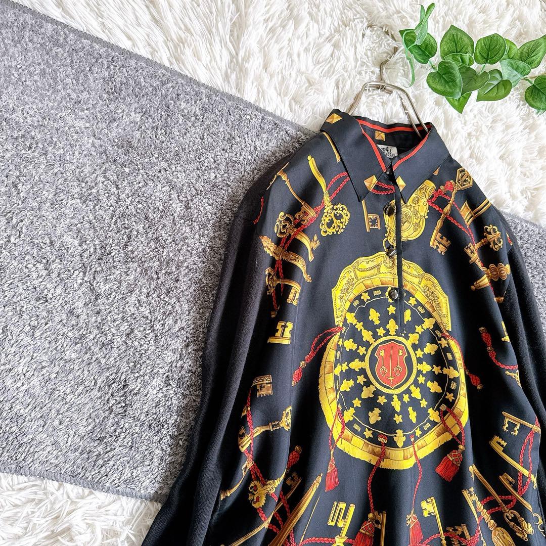 オールド　エルメス　長袖ポロシャツ　カシミヤ　スカーフ柄　バロック　シルク　M