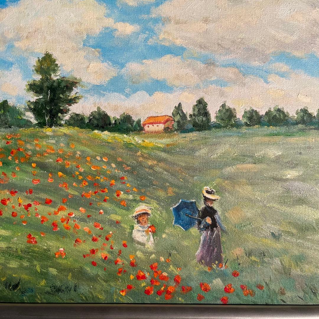 ★秀作★手書き油絵 クロード・モネ ひなげし 額付 絵画 インテリア 油彩画