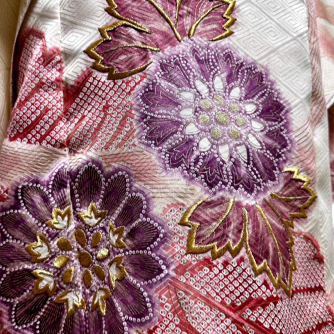 振袖　着物リメイク　ドレス　着物袖風　和柄　ワンピース　金糸花　ハンドメイド