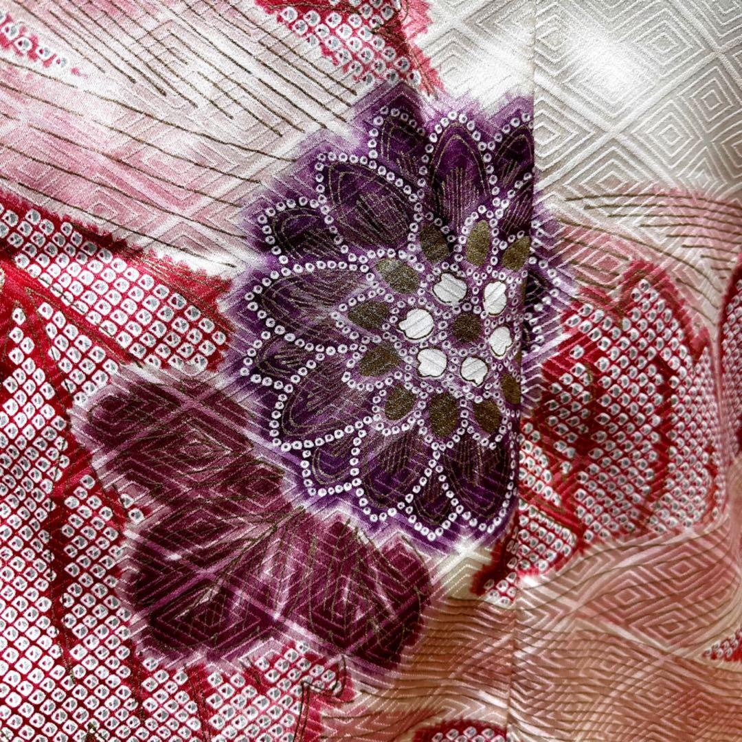 振袖　着物リメイク　ドレス　着物袖風　和柄　ワンピース　金糸花　ハンドメイド