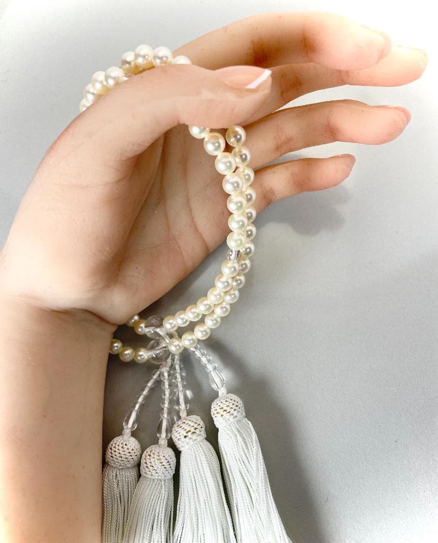 お値打！ あこや真珠 二輪 念珠 数珠 イエロイッシュクリーム国内自社製造