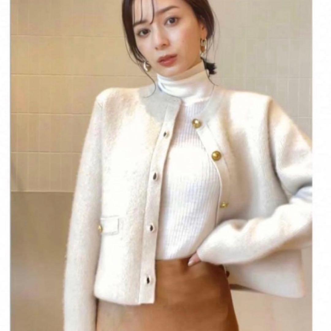 ラクーンブレンドノーカラーニットジャケット　anuans