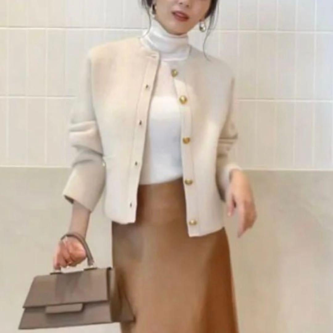 ラクーンブレンドノーカラーニットジャケット　anuans