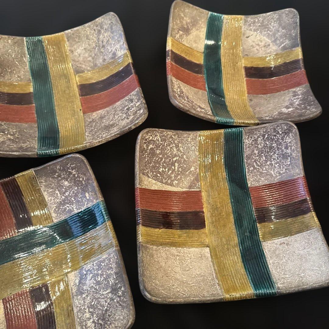 希少美品　魯山人写 美食道楽 和食器揃え 祥山 色絵銀彩糸巻文四方皿5枚セット