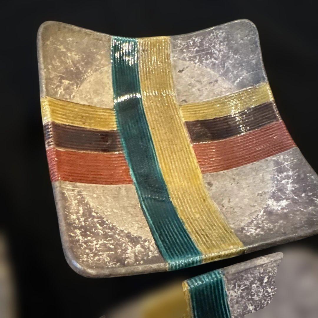 希少美品　魯山人写 美食道楽 和食器揃え 祥山 色絵銀彩糸巻文四方皿5枚セット