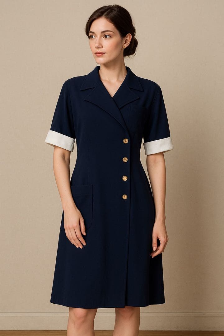 CHANEL ネイビー ホワイト袖 ワンピース ゴールドボタン