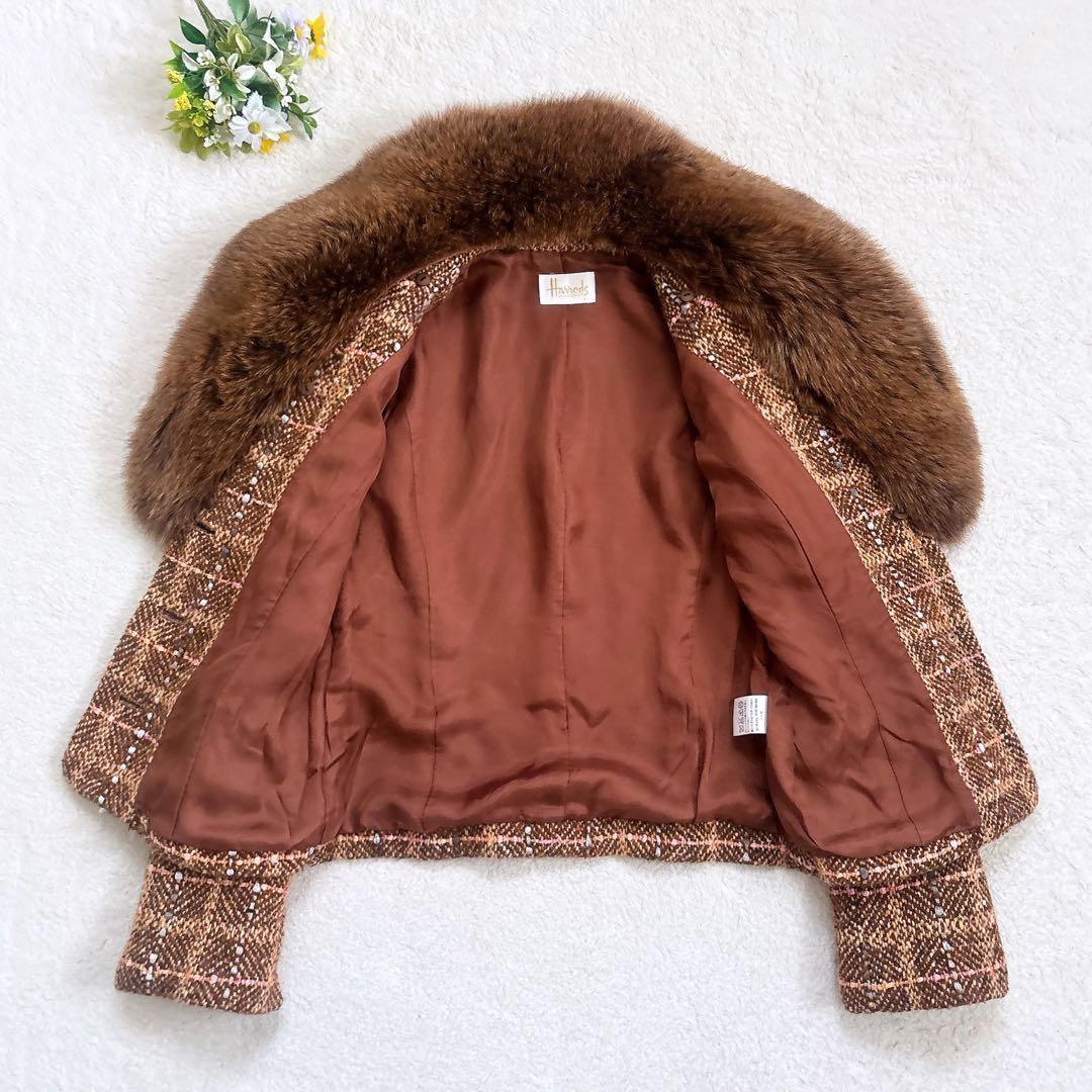 Harrods フォックスファーつき ツイード ジャケット 2way ブラウン系