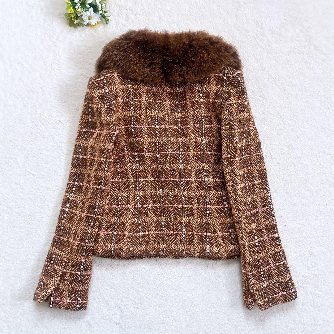 Harrods フォックスファーつき ツイード ジャケット 2way ブラウン系