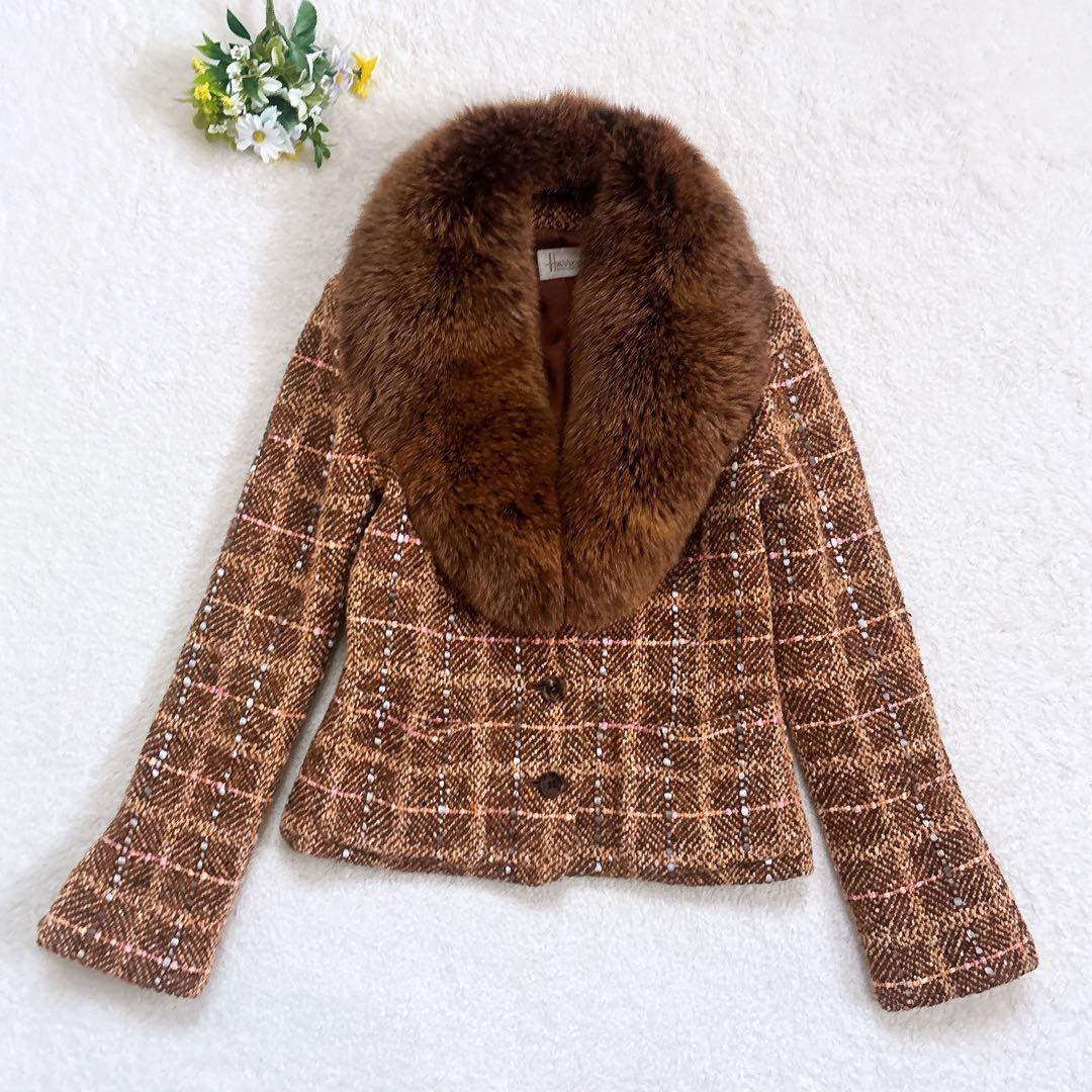 Harrods フォックスファーつき ツイード ジャケット 2way ブラウン系