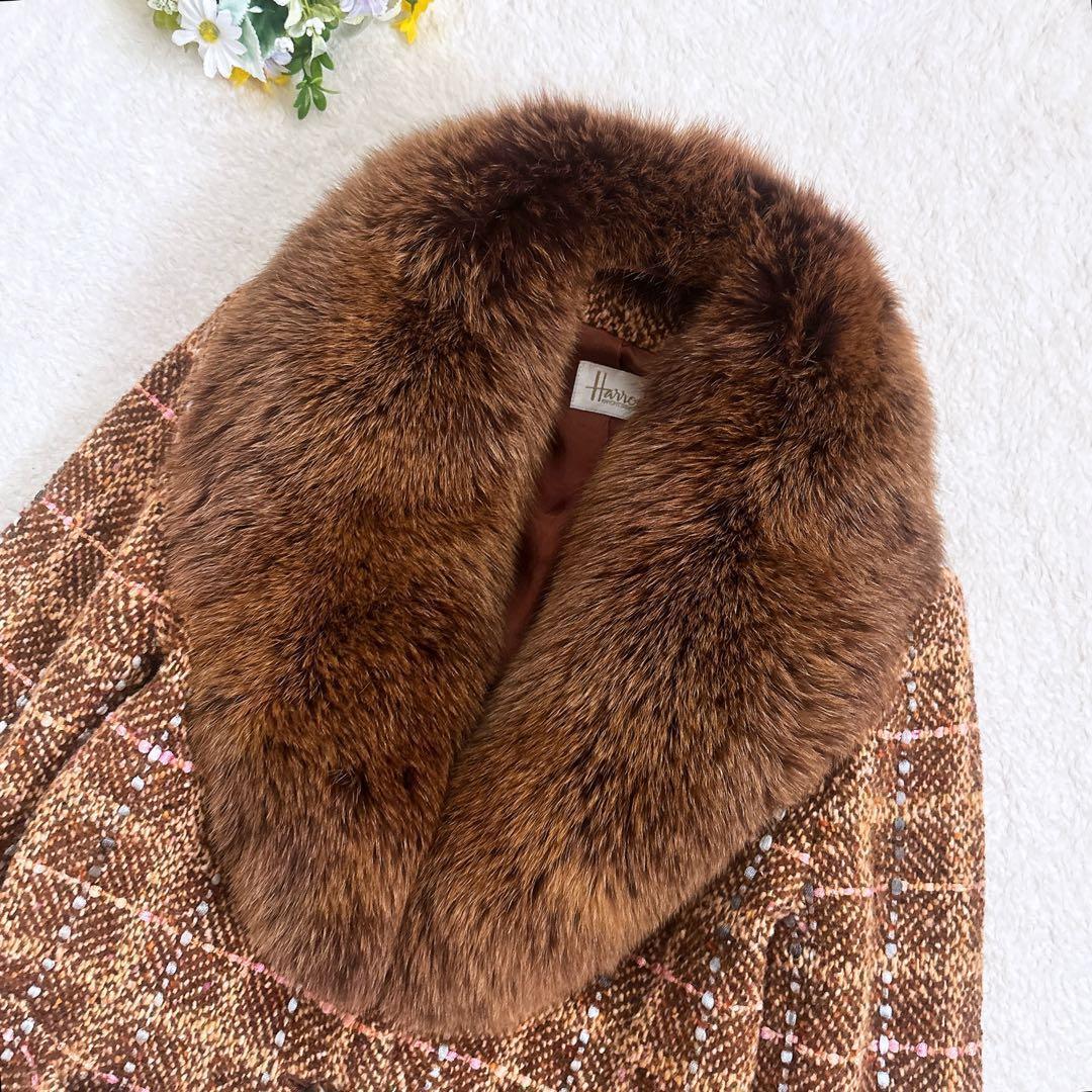 Harrods フォックスファーつき ツイード ジャケット 2way ブラウン系