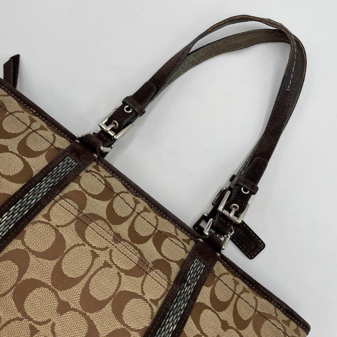 良品 COACH トートバッグ キャンバス スエード ブラウン シグネチャー