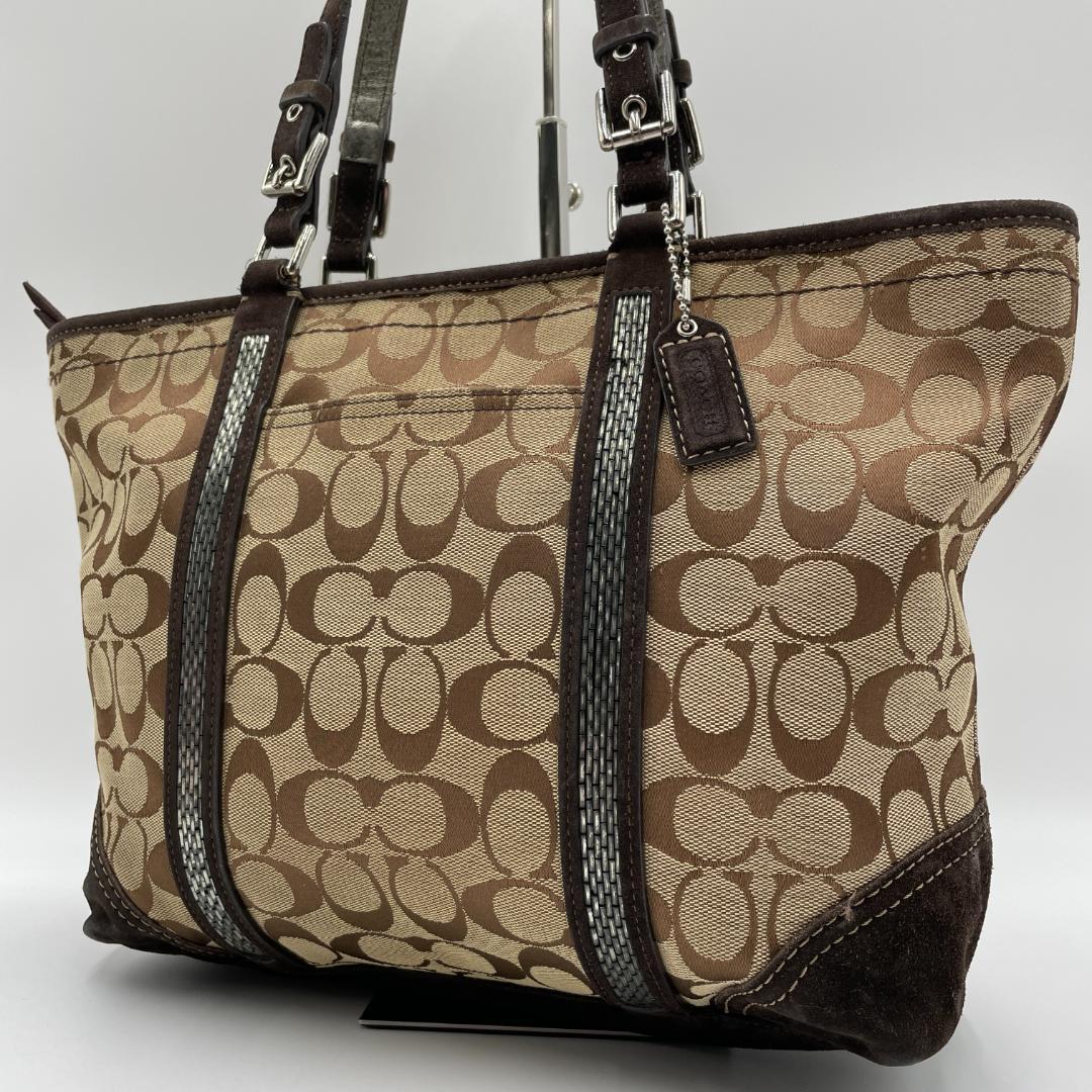 良品 COACH トートバッグ キャンバス スエード ブラウン シグネチャー